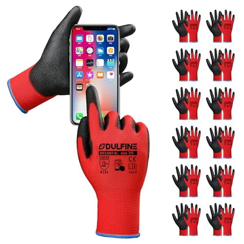 DULFINE Safety Work Gloves PU Coated for Men and Women-12 Pairs,Red Seamless Knit Glove with Two Fingers Touchscreen,Ideal for General Duty Work (Small) - color: Red-touch Screen, size: Small