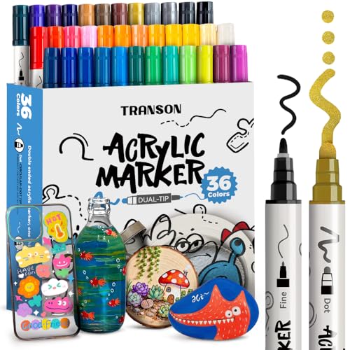 TRANSON 36 Color Bold and Fine Dual-tip Acrylic Paint Pen Set for Canvas Rock Wood Leather Ceramic DIY Painting - color: Assorted