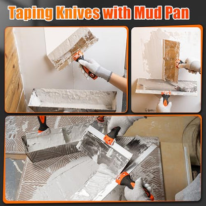 THINKWORK Drywall Knife Set, 10Pcs Drywall Tools Include Stainless Steel Putty Knife Set, Taping Knives, Painter Scraper, 14" Mud Pan and Scoop, Spackle Tool Kit for Joint Taping, Finishing, Patching
