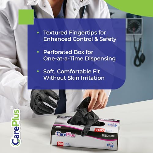CARE PLUS Nitrile Gloves for Medical Use - Powder & Latex-Free - Black/Blue - S, M, L, XL - 100, 200, 1000 - color: Black, size: Small
