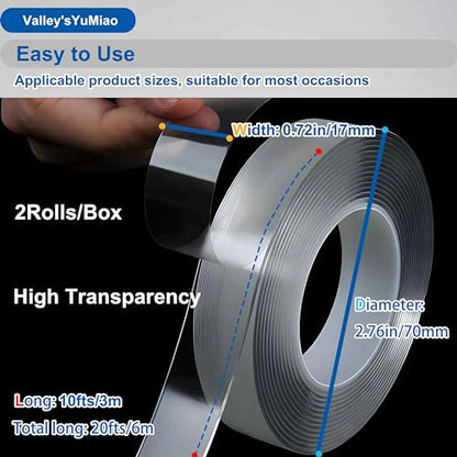Valley'sYuMiao 2Rolls, Nano Double Sided Mountinging Tape, Adhesive-self Heavy Duty Tape, 2 Sides Sticky Tack Tape for Painted Walls AC Hanging Clear, 0.7in×10fts, 20fts Total Long - size: 2Rolls, 0.7″, 20fts TL
