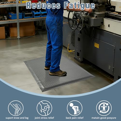 Anti Fatigue Mats Industrial 2' x 6' 15/16" Thick Ergonomic Standing Mat Commercial Kitchen Mat Heavy Duty Diamond Plate Shop Floor Mats Helps Relieve Back and Leg Soreness, Grey - size: 2' x 6'