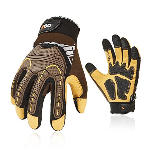 Vgo... 1-Pair Heavy Duty Synthetic Leather Work Gloves, Impact Protection Mechanic Gloves, Rigger Gloves, Vibration Reduction, Touchscreen Capable (Size M, Brown, SL8849) - color: Brown-regular, size: Medium (1 Pair)