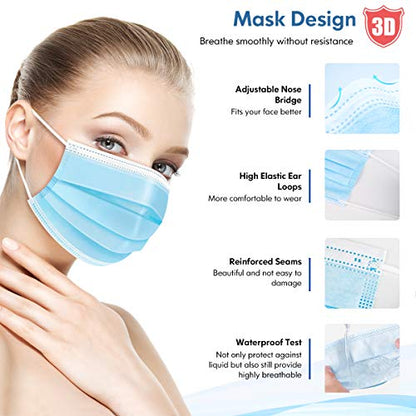HDFK Face Mask Disposable Adults 3Ply Non-Woven with Nose Clip Ear Loop Blue 50Pack
