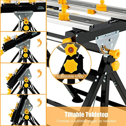 IRONMAX Portable Workbench, Folding Work Table with 7-Level Height Adjustable, 8 Sliding Clamps and Reclining, Folding Workbench and Vise for Cutting, Saw, Paint