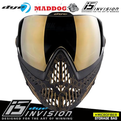 Maddog Dye i5 Thermal Anti-Fog Paintball Airsoft Mask Goggle System Combo with Microfiber Bag | Safety Certified Protection - color: Hypercam Black/Gold Fade