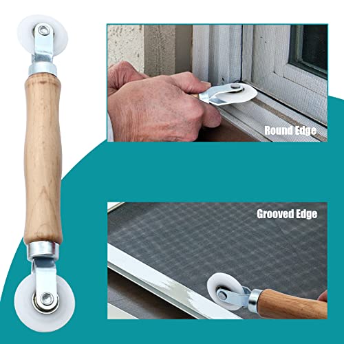 3 Pcs Window Door Screen Repair Kit, Screen Spline Roller Tool with Wooden Handle & Nylon Bearing Wheels and Removal Hook