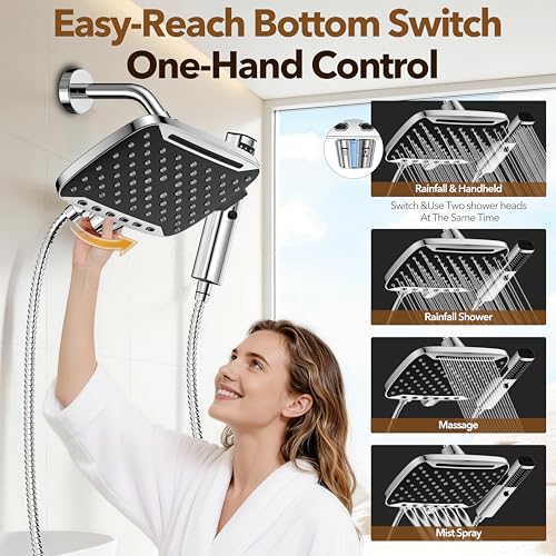 JDO High Pressure Rain Shower Head with Handheld Spray, 7 Modes Dual Shower Head Combo, 12 Inch Rainfall Showerhead Detachable, Power Wash for Bathroom Cleaning