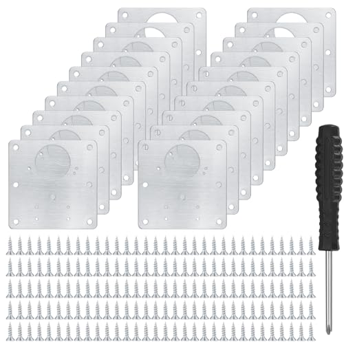 20 Pcs Cabinet Hinge Repair Plates Kits, Kitchen Cupboard Door Hinge Repair Plates, Stainless Steel Hinge Repair Fixing Bracket Plate Kit with Screws/Screwdriver for Kitchen Furniture Cabinet Door