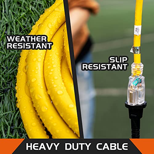Extension Cord Weatherproof with Lighted End, UL Certified, 12 Gauge 1FT Yellow 3 Prong Heavy Duty, 12/3 SJTW 15A Power Cord for Lights, Lawn - size: 1ft, style: 12/3
