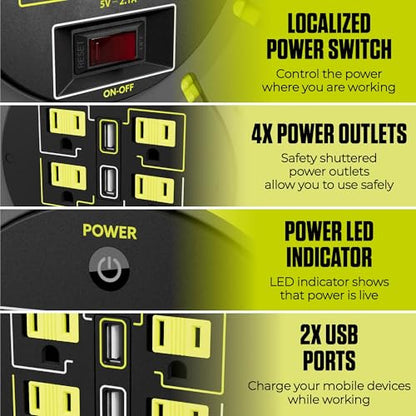 Masterplug 75ft Cord Reel, Retractable Extension Lead with Winding Handle, Safety Overload Circuit Breaker and Power Switch, 4x Grounded Outlets, 2x USB Ports, 13amps, 14AWG Cable - size: 75ft, style: 14 AWG