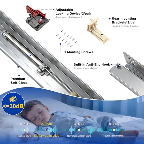 21 Inch Undermount Drawer Slides Full Extension Soft Close, 85 lb Heavy Duty, No Wobble Easy Mount Rails with All Hardware, Hidden Bottom Mount Concealed Runners for Face Frame Frameless, 1 Pair - size: 21 Inch, style: Soft Close - 1 Pair