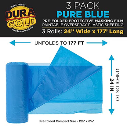 Dura-Gold 24" x 177' Pure Blue Pre-Folded Masking Film, (3 Pack) Painters Plastic Roll (0.4 Mil), Pull Down Drop Sheet, Pre-Folded Plastic Sheeting for Painting Protection on Auto, Walls, Furniture