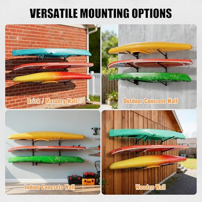 Kayak Wall Mount Rack, 45.3" Heavy Duty Canoe Storage Brackets, Foldable Space Saving Hanger, 304 Stainless Steel for Outdoor & Indoor, Fits SUP/Paddle Board(Black, 2-Tier) - size: H45.3"-2Kayaks-Wall Mount