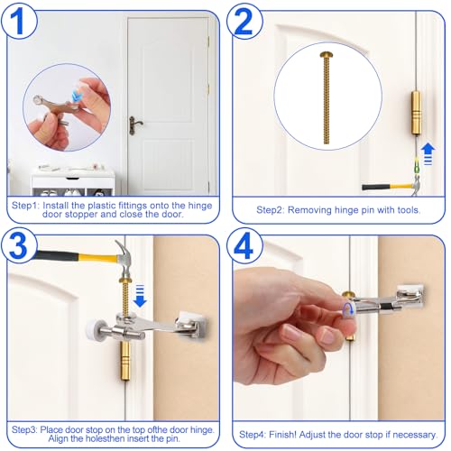 Azureal Door Stopper Hinge 3P, Adjustable Heavy Duty Hinge Door Stopper, 2-1/2" x 1-3/4'' Hinge Pin Door Stop with White Rubber Bumper Tips, Satin Nickel
