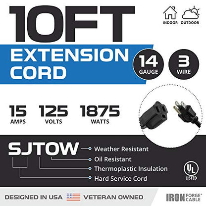 Iron Forge Cable 14 Gauge Outdoor Extension Cord 10 Ft, SJTOW 14/3 Heavy Duty Black Extension Cord 3 Prong, Oil Resistant & Flame Retardant - size: 10 Foot