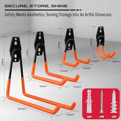 15-Piece Garage Wall Hooks with 3 Extension Straps, Orange Heavy Duty Tool Storage Rack for Ladder, Bike, Shovel, Garden Tools, Metal Wall Mount Organizer Set - style: 15-Pack Hooks + 3 Straps（orange）