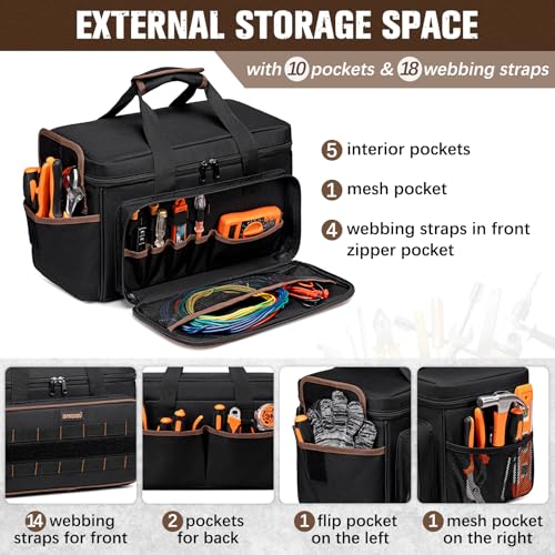 17 Inch Heavy Duty Tool Bags for Men Women, 20 Pockets Portable Tool Bag with Adjustable Shoulder Strap, Wide Mouth Tool Bag Organizer for Electricians Mechanics Carpenters HVAC