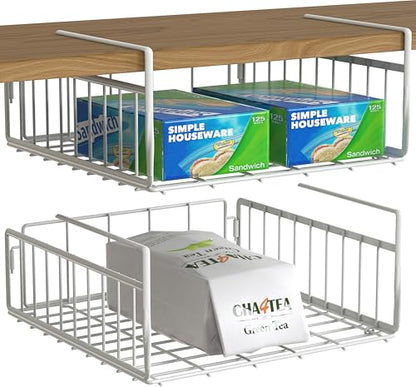 Simple Houseware Under Shelf Basket, White – 2-Pack Space-Saving Storage Organizer for Kitchen, Pantry, Closet, Office – Wire Metal Shelf Organizer, No Tools Required - size: 2 Pack