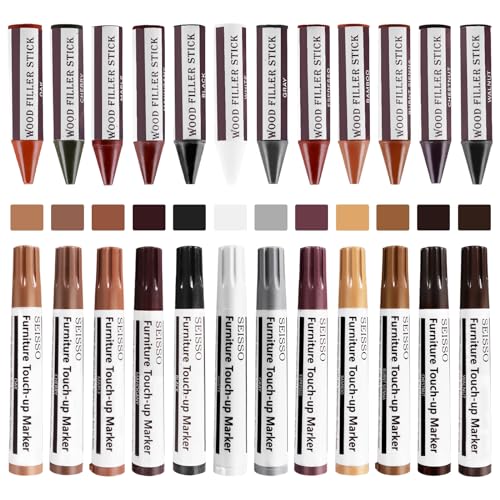 SEISSO Furniture Repair Kit, 12 Colors Furniture Touch-up Markers and Wood Fillers Sticks for Stains, Scratches, New Upgrade Furniture Touch Up Kit - Restore Wooden Table, Cabinet, Floors, Door - size: markers+sticks