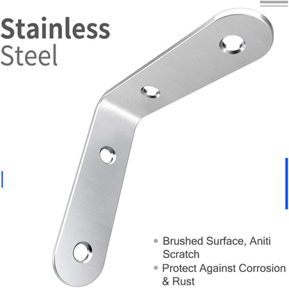 LuckIn 20 Pcs L Bracket Stainless Steel Corner Brace Sets, 90 Degree Right Angle Shelf Brackets with Screws for Wood Furniture, Chairs, Table, 50mm x 50mm, Silver, 2 Inch