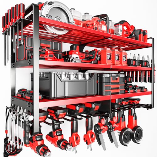 POKIPO Upgrade Large power tool organizer Wall Mount,4 Layers Heavy Duty Metal Loads 400lbs Power Tool Hanger Shelf Battery Storage with 8 Cordless Drill Bit Holder,Utility Racks for Garage Tool Room - color: Red