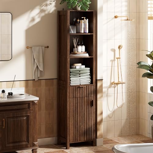 VINGLI 68" Tall Narrow Bathroom Storage Cabinet, Slim Freestanding Floor Cabinet with Fluted Door & Drawer, 12 Inch Deep Skinny Wood Organizer for Small Spaces, Kitchen & Living Room, Dark Walnut - color: Dark Walnut, style: 68" Tall Fluted Narrow Cabinet