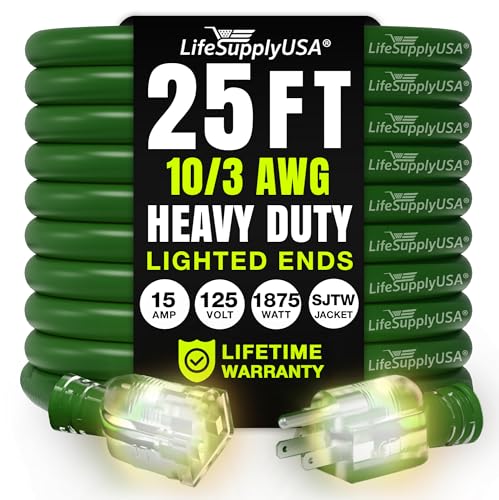 25ft Outdoor/Indoor Extension Cord 10/3 Gauge Ultra Heavy Duty 3 Prong SJTW, Waterproof, Flexible Cold-Resistant Long Power Cord,15A 125V 1875W, Green by LifeSupplyUSA - color: Green, size: 25 FT, style: 10AWG