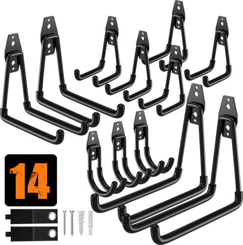 QcoQce 14 Pack Garage Hooks Heavy Duty with 2 Extension Cord Straps,Garage Storage Hooks, Wall Mount Hooks, Garage Organization and Tool Hangers for Bike, Ladder, Ropes and Garden Tools - color: Black, size: 14Pack