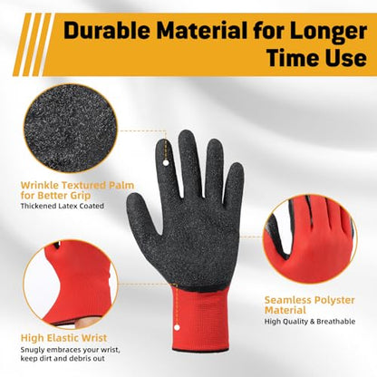 12 Pairs Crinkle Latex Coated Work Gloves for Men, Non-Slip Grip Gardening Gloves, Suit For Construction, Warehouse - size: Medium
