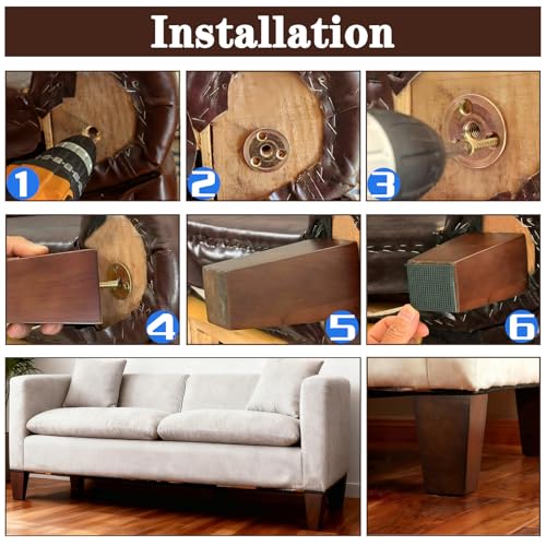 SHANJUE Wood Furniture Legs 3 Inch Set of 4, Square Brown Couch Legs Replacement, Mid Century Modern Sofa Legs with Anti Slip Couch Feet Pads for Dresser, Recliner and Coffee Table - size: 3 inches