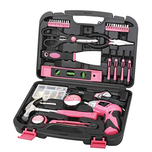 Apollo Tools 135 Piece Household Pink Hand Tools Set with Pivoting Dual-Angle 3.6 V Lithium-Ion Cordless Screwdriver - DT0773N1 - color: Pink, size: 135-Piece