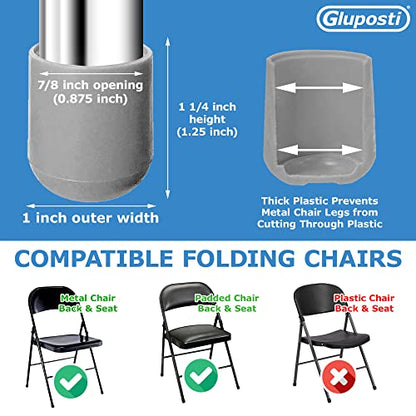 Folding Chair Leg Caps Gray 7/8 Inch (12 Pack) - Heavy Duty Nylon Chair End Caps, Non-Marring Round Hardwood Floor Protectors, Compatible Replacement Plugs for Metal and Padded Folding Chairs Tips