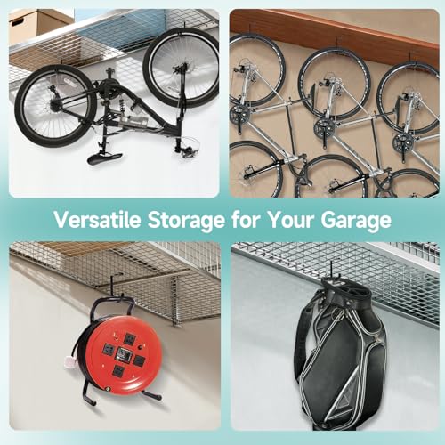 2 Pack Bike Hooks for Garage Ceiling Mount Rack- Anti-Slip Coating,Heavy Duty 4X8 Overhead Garage Storage Rack for Ceiling Hanging Bicycle Shelves, Add on Storage Flat Hooks Accessory and Wall Hanger