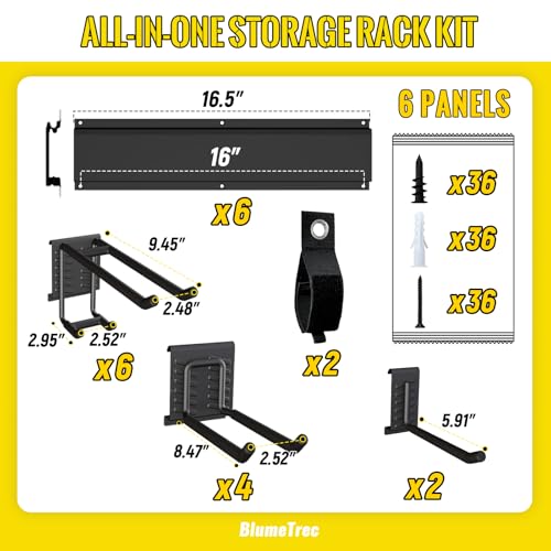 Garage Tool Organizer Wall Mount, 96" Heavy-Duty Metal Wall Organizer, 6 Rails with 12 Adjustable Hooks, Garden Storage Rack for Organization, Sturdy Tool Hanging Holder for Shovel Shed Yard - size: 96" 6 panels & 12 hooks