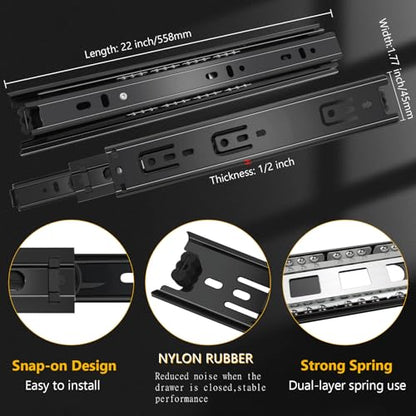 20 inch Ball Bearing Drawer Slides 6 Pairs (12pcs) - 100LB Capacity, Full Extension Side Mount Slides for Kitchen Cabinets, Wardrobes, Office Furniture (Black 20inch) - color: Black, size: 20 Inch