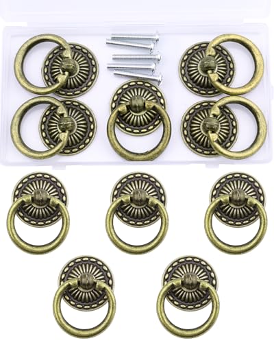 5 PCS Vintage Cabinet Knobs Pulls for Dresser Drawer, Antique Bronze Drop Ring Pulls with Screws, Single Hole Decorative Door Handles Knobs for Furniture Kitchen Cupboard Box (Round) - style: Round