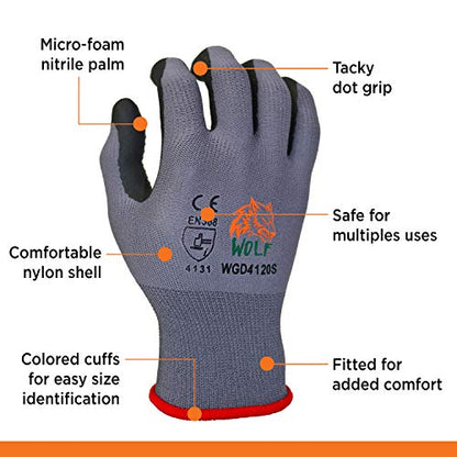 WOLF Ultra-Thin Nitrile Foam Palm Coated Glove with Tacky Dot Grip, Multi Purpose - size: Large (Pack of 12), style: 15-gauge With Dots
