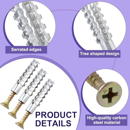 80pcs M6 Tree Shaped Expansion Anchor with Screws, 0.24''×1.19'' Steel Hollow Wall Anchors Kits, Loose Hinge Hole Repair Tools for Drywall Concrete Brick Plaster Wall- Silver & Gold