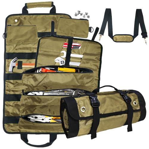 Roll Up Tool Bag Tool Roll,Portable Rollup Toolbag,Foldable Rollup organizer,Tool Organizer with 6 Detachable Pouches,Perfect for Engineers,Hobbyist,Men's gift and Engineer's gift (khaki)