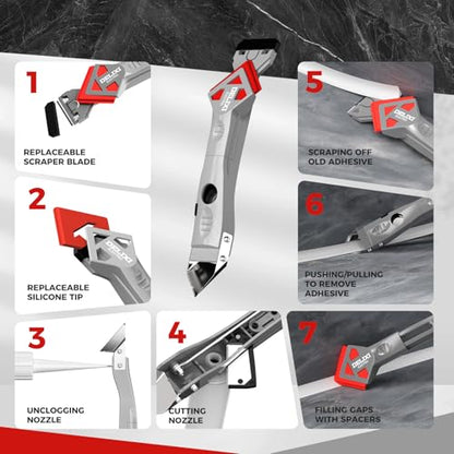 7 in 1 Caulking Tool with 5 Silicone Pads and 10pcs Caulking Tool Kit, Caulk Remover Tool with Replacement Blades and Unclogging Needle, Caulking Removal Tool for Kitchen Bathroom and Window - size: 7 in 1