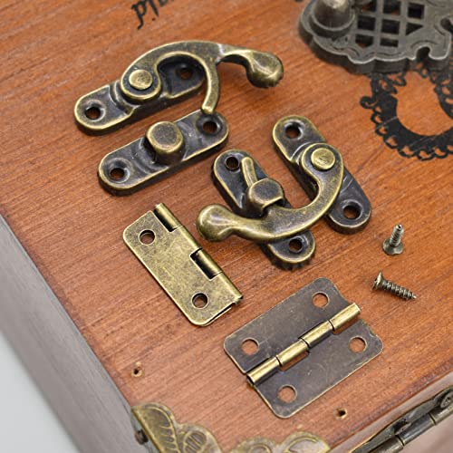 40Pcs Antique Bronze Box Hinges and 20 Sets Antique Right Latch Hook Hasp Wood Jewelry Box Hasp Catch with Matching Screws Kit for Decorative DIY Jewelry Cabinet Small Wooden Box