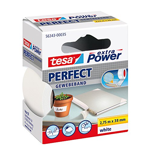 tesa Extra Power Perfect Cloth Tape - Fabric-Reinforced Repairing Tape for Crafting, Repairing, Fastening, Reinforcing and Labelling - White - 2.75 m x 38 mm - color: White