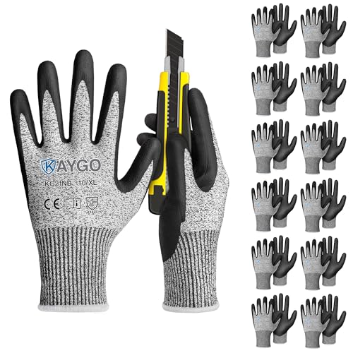 KAYGO 12 Pairs Cut Resistant Work Gloves for Men and Women,ANSI A3 Cutting Gloves,Nitrile Micro-Foam Safety Work Gloves KG21NB,Ideal for Wood Carving,Glass Handling, Construction,Fishing,Grey,XL - color: Grey, size: X-Large (Pack of 12)