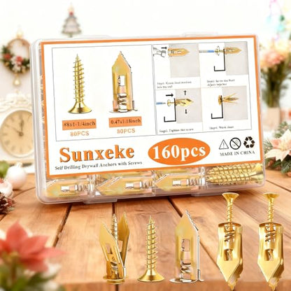 160Pcs Self Drilling Drywall Anchors with Screws Kit,80 Sheetrock Anchors & 80 Zinc Expansion Screws,No Drill Needed Wall Anchors with Screws,Hold Up to 66lbs for Picture Frame,Shelves - size: 0.47x1.18 inch-160PCS