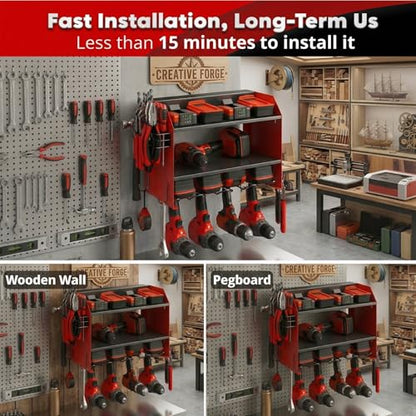 Heavy Duty Power Tool Organizer – 4 Drill Holders, Pegboard, Side Racks – Garage Storage Rack for DIYers – Metal Power Tool Shelf, Easy Install – Red