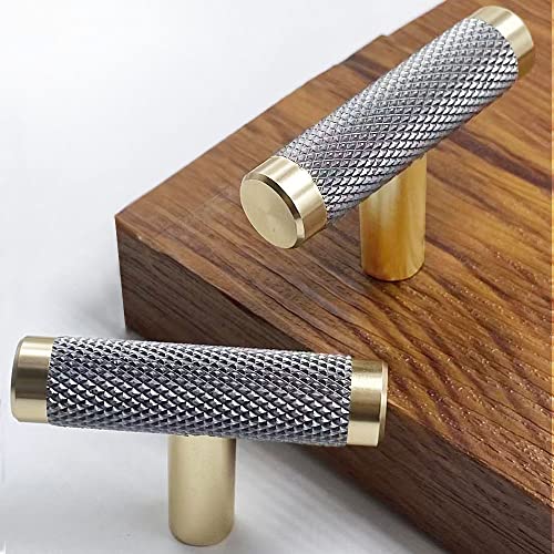10 Pack 2 Inch Cabinet T Knob Aluminum Knob for Drawer Pulls Gold and Grey Oxidation Finish with Diamond Pattern - color: TGold Grey, size: 2 Inch