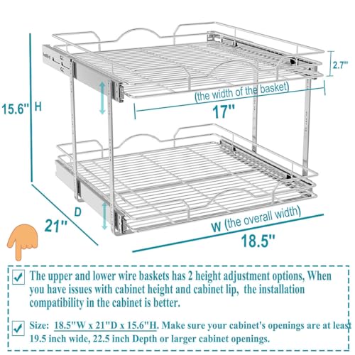 OCG 2 Tier Pull Out Cabinet Organizer (18.5" W x 21" D), Pull Out Drawers for Kitchen Cabinets, Pull Out Shelves for Base Cabinet Organization in Kitchen Bathroom Pantry, Chrome Finish - size: 18.5"W x 21"D, 2 Tier