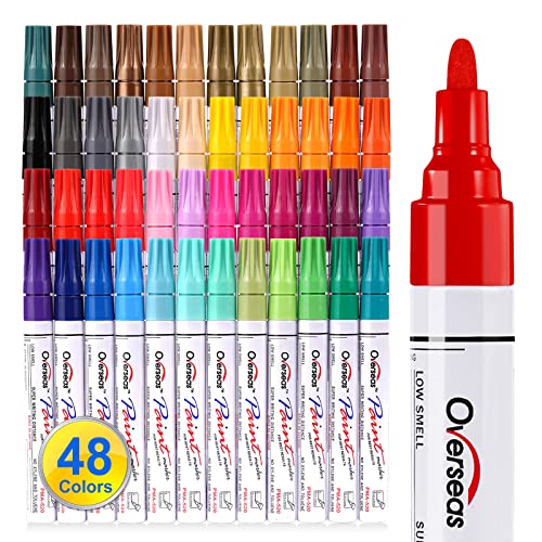 Overseas Paint Marker Pens - 48 Colors Permanent Oil Based Markers, Medium Tip, Quick Dry and Waterproof Assorted Color Paint Pen for Metal, Wood, Plastic, Rock, Stone, Canvas, Glass, Ceramics - size: 1 Count (Pack of 48)