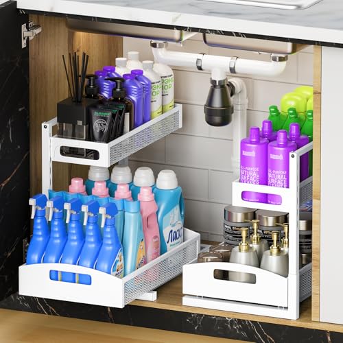 Petiza Metal Under Sink Organizer, Pull Out Cabinet Organizer Rack with Silk-Smooth Bottom Drawer, 5-Level Adjustable, Multi-Purpose Storage Shelf for Bathroom, Kitchen, Vanity, Pantry (2-Pack) - color: white, size: Large-2 pack